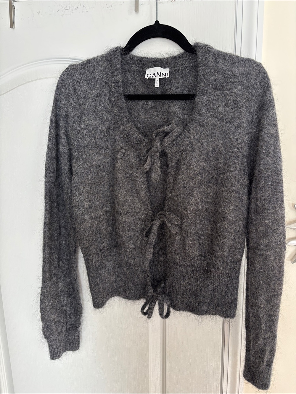 Ganni Charcoal Ladies Light Gray Mohair Tie-Front Cardigan-M